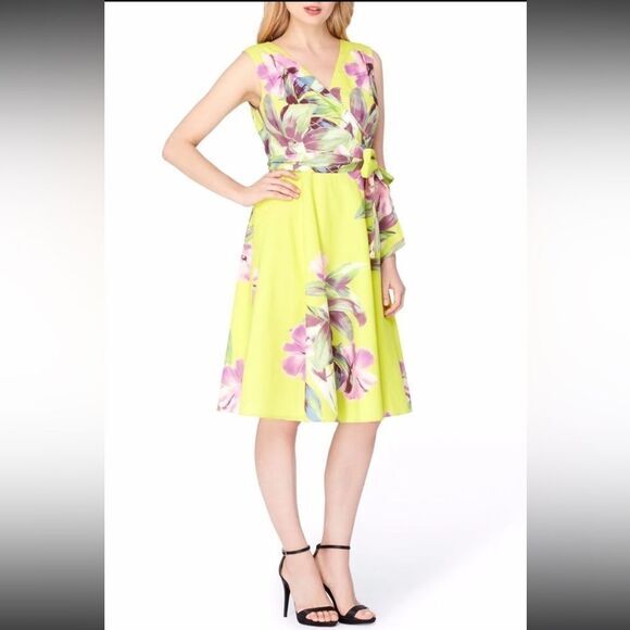 Tahari‎ 7129M437 Citrine/Lilac Floral Print Faux Wrap Fit & Flare Dress - $118 - Picture 1 of 11